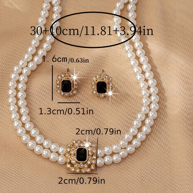 Elegant Double Row Pearl & Diamond-Styled Necklace and Earring Set – Timeless Luxury Jewelry