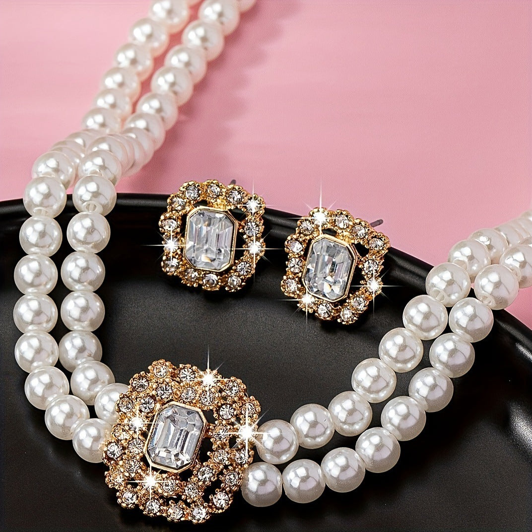 Elegant Double Row Pearl & Diamond-Styled Necklace and Earring Set – Timeless Luxury Jewelry