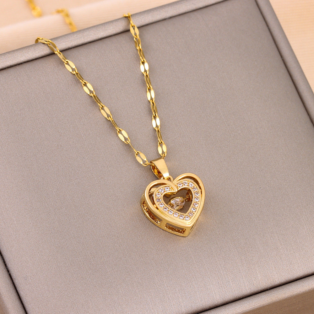 Double-Layer Heart Necklace for Women – Titanium Steel Pendant with Sparkling Rhinestones, Romantic Gift for Valentine's Day or Anniversary