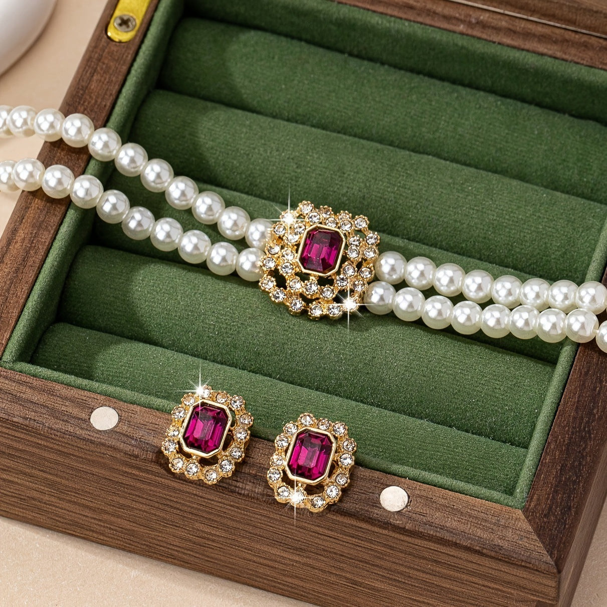 Elegant Double Row Pearl & Diamond-Styled Necklace and Earring Set – Timeless Luxury Jewelry