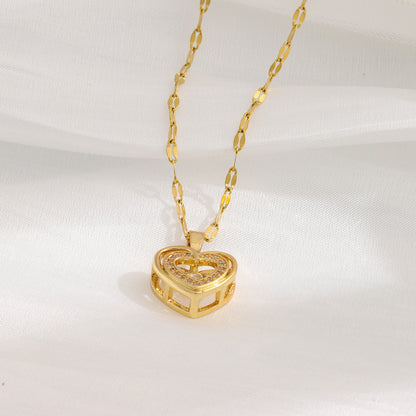 Double-Layer Heart Necklace for Women – Titanium Steel Pendant with Sparkling Rhinestones, Romantic Gift for Valentine's Day or Anniversary