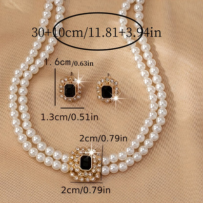 Elegant Double Row Pearl & Diamond-Styled Necklace and Earring Set – Timeless Luxury Jewelry