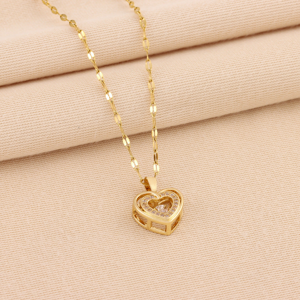 Double-Layer Heart Necklace for Women – Titanium Steel Pendant with Sparkling Rhinestones, Romantic Gift for Valentine's Day or Anniversary