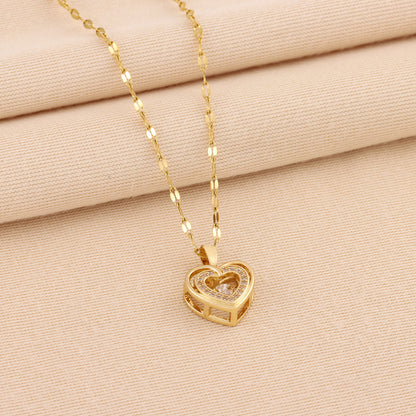 Double-Layer Heart Necklace for Women – Titanium Steel Pendant with Sparkling Rhinestones, Romantic Gift for Valentine's Day or Anniversary