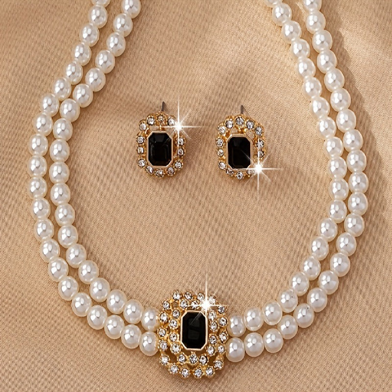Elegant Double Row Pearl & Diamond-Styled Necklace and Earring Set – Timeless Luxury Jewelry