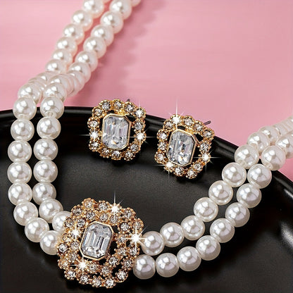 Elegant Double Row Pearl & Diamond-Styled Necklace and Earring Set – Timeless Luxury Jewelry
