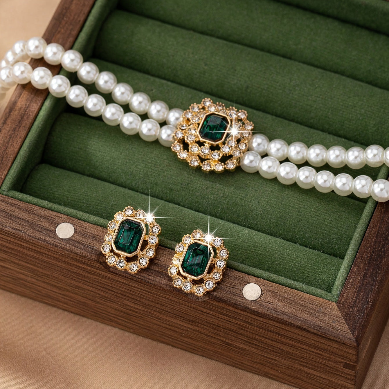 Elegant Double Row Pearl & Diamond-Styled Necklace and Earring Set – Timeless Luxury Jewelry