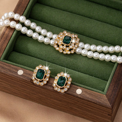 Elegant Double Row Pearl & Diamond-Styled Necklace and Earring Set – Timeless Luxury Jewelry