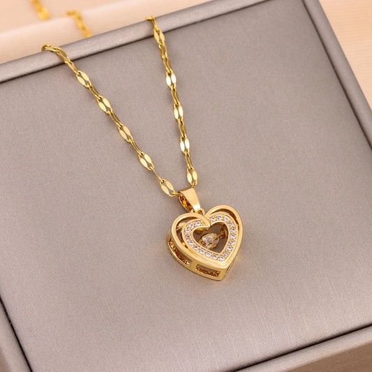 Double-Layer Heart Necklace for Women – Titanium Steel Pendant with Sparkling Rhinestones, Romantic Gift for Valentine's Day or Anniversary