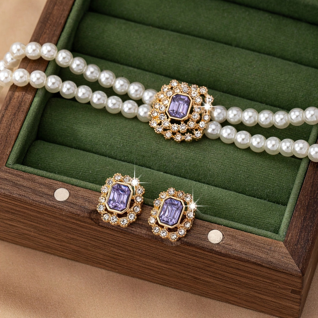 Elegant Double Row Pearl & Diamond-Styled Necklace and Earring Set – Timeless Luxury Jewelry