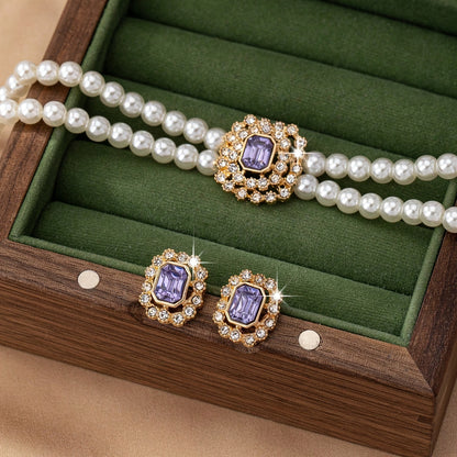 Elegant Double Row Pearl & Diamond-Styled Necklace and Earring Set – Timeless Luxury Jewelry
