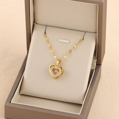 Double-Layer Heart Necklace for Women – Titanium Steel Pendant with Sparkling Rhinestones, Romantic Gift for Valentine's Day or Anniversary
